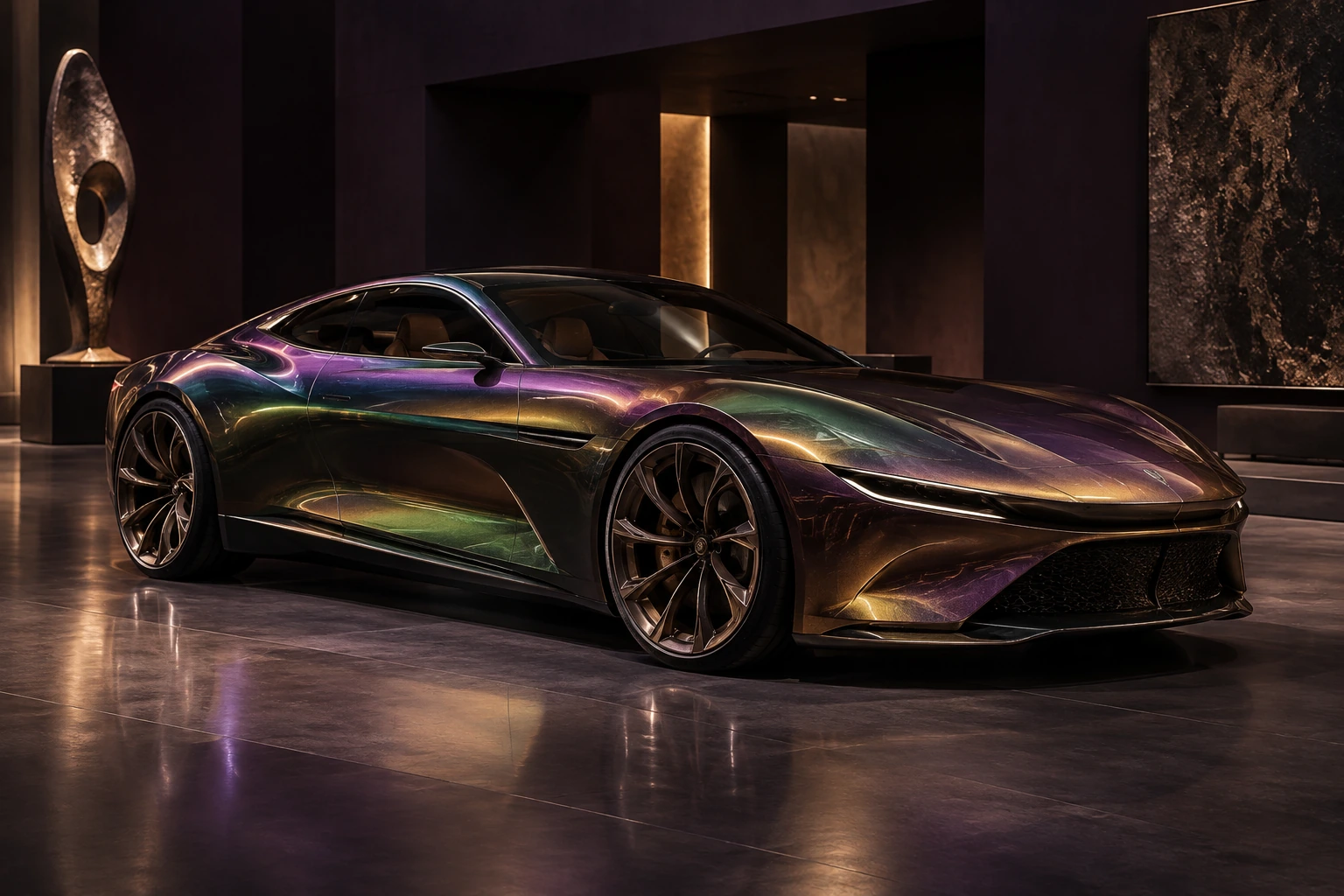 Grand tourer concept with iridescent violet, emerald and amber paint.