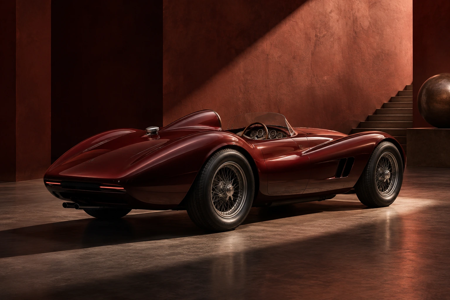 Deep crimson racing speedster concept under a dramatic gallery spotlight.